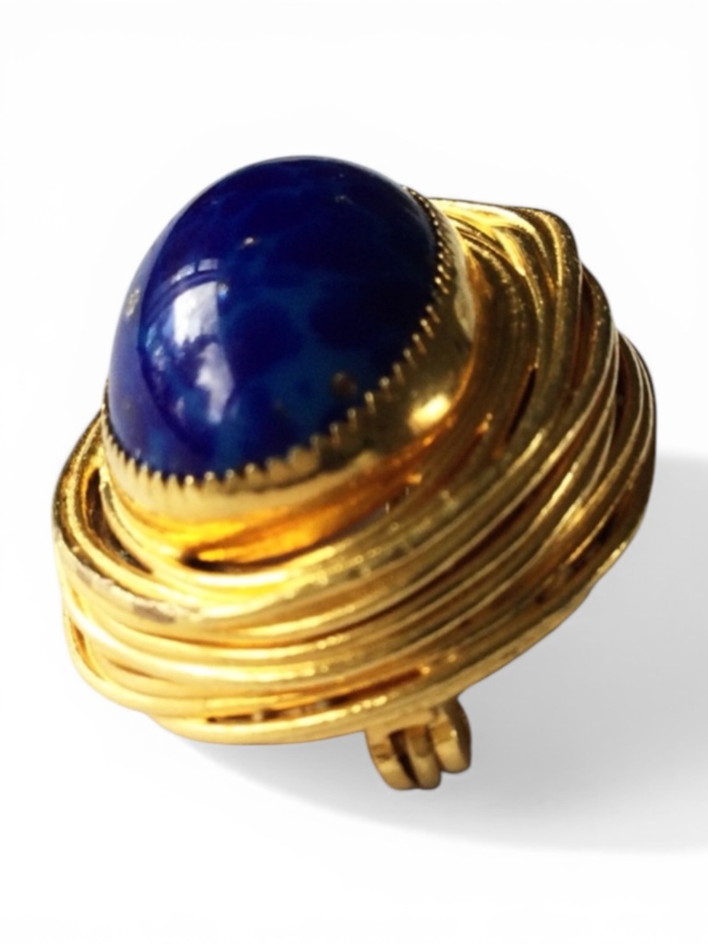 Vintage Brutalist Gold‑Tone Brooch - Blue Agate Cabochon & Gold Flecks - Picture 8 of 13